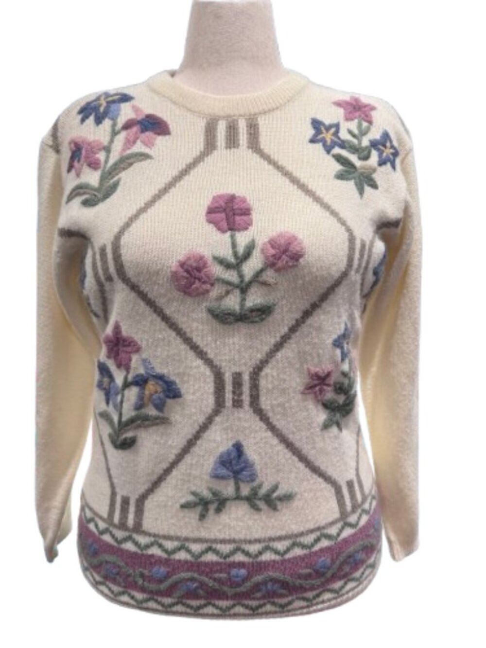VTG Alfred Dunner Cream Cottage Floral Embroidered Grandma Chic Sweater (Size S)
